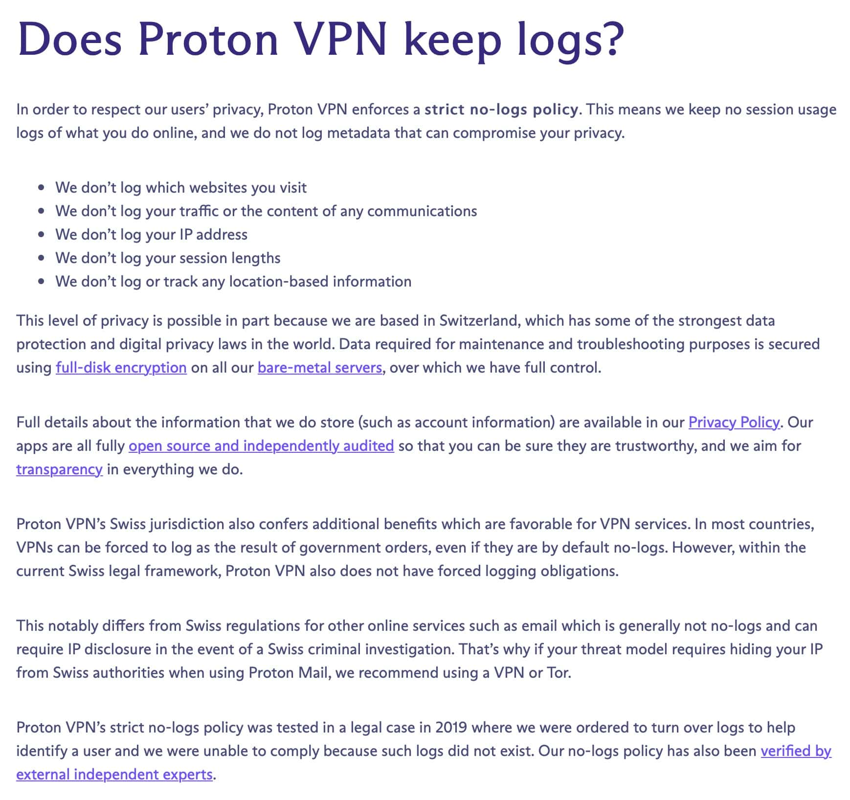 ProtonVPN's no-logging policy