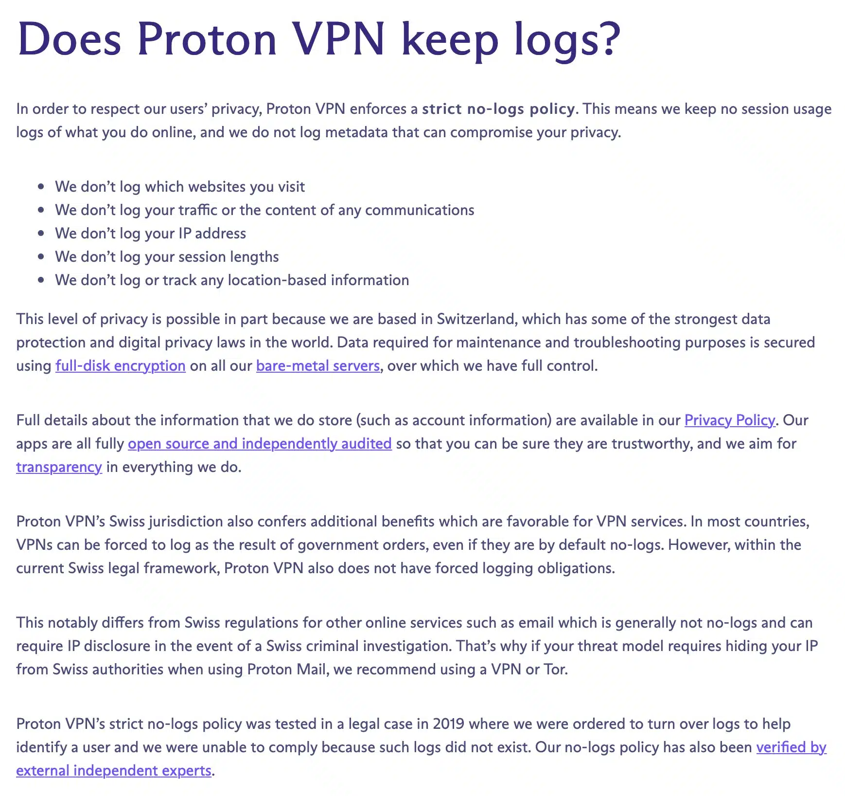 ProtonVPN's no-logging policy