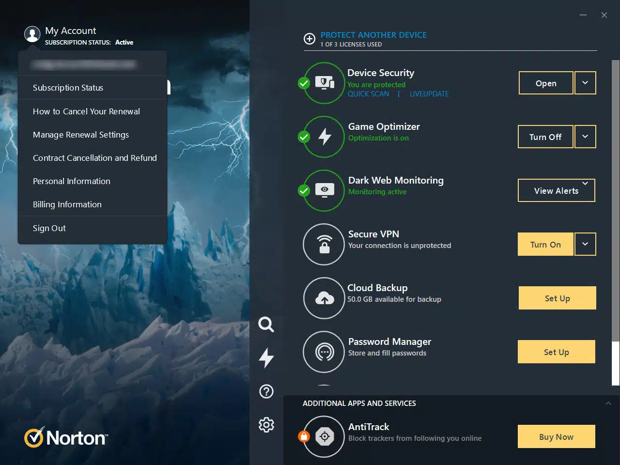 Norton 360 for Gamers account dropdown