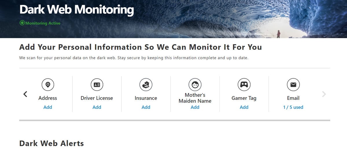 Norton 360 for Gamers dark web monitoring