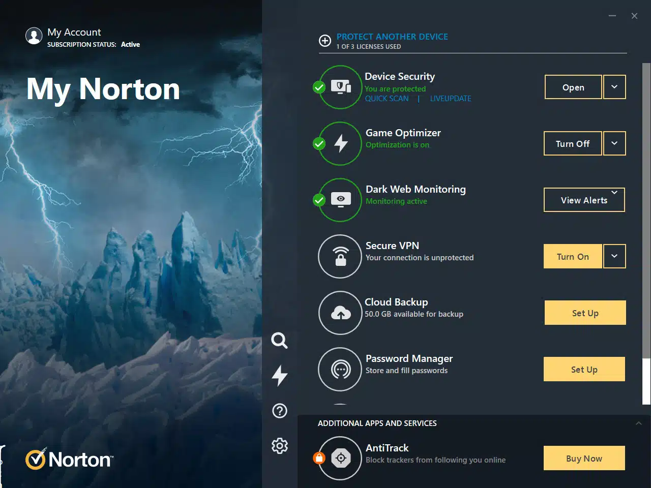 Norton 360 for Gamers dashboard