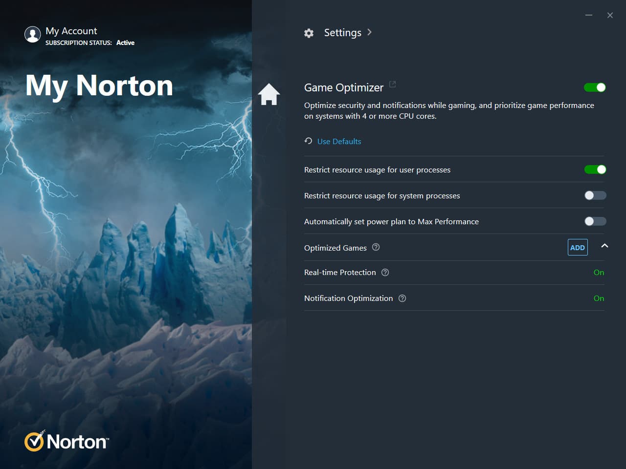 Norton 360 for Gamers game optimization