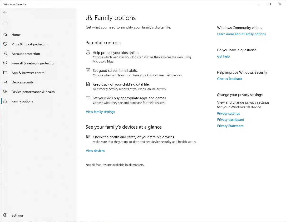 Windows Security parental controls
