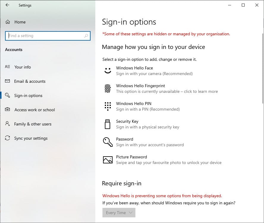 Windows Security sign-in options