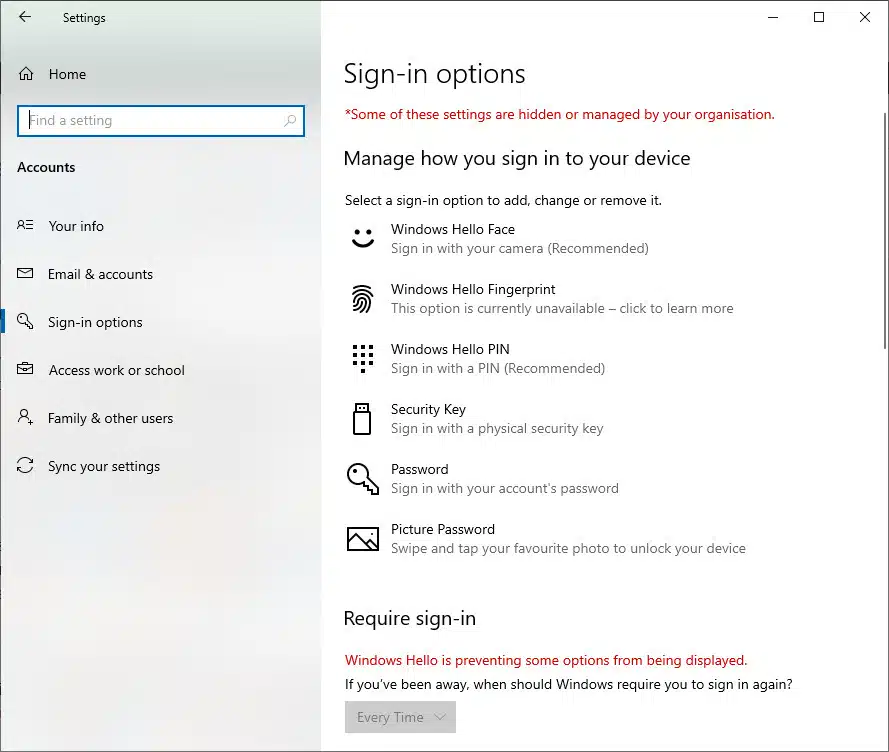 Windows Security sign-in options