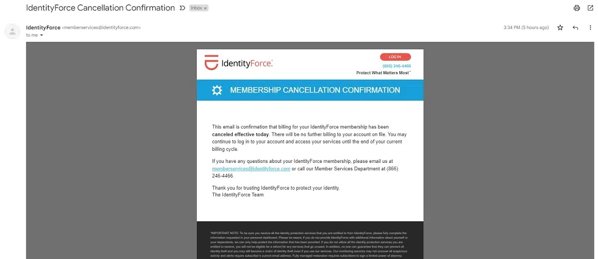 IdentityForce Cancellation Email