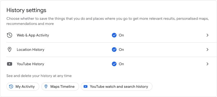 Google History settings