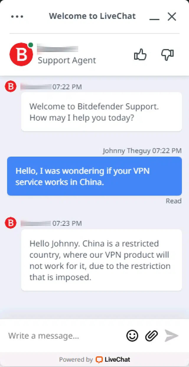 Bitdefender VPN - Support Chat