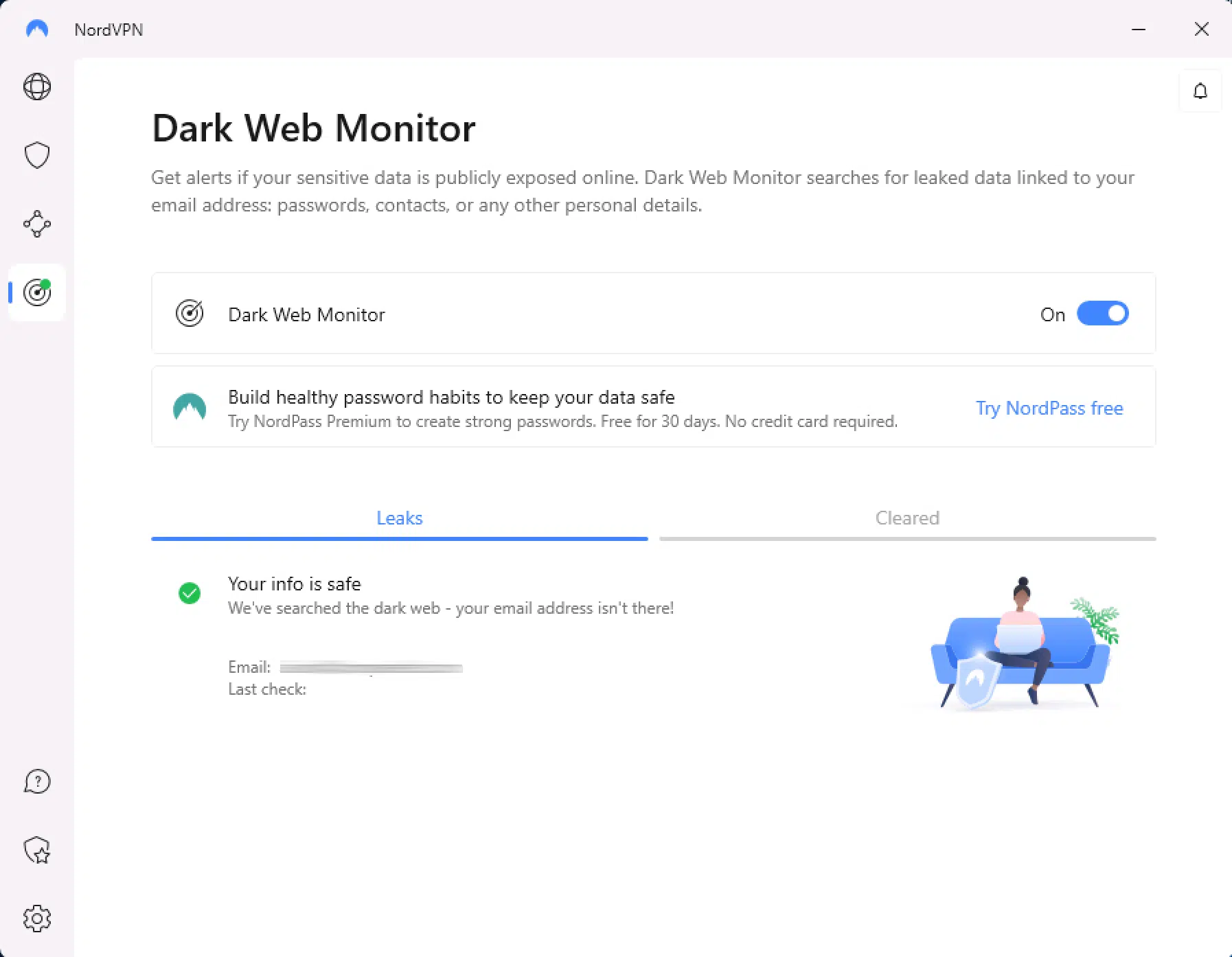 NordVPN – Dark Web-monitor – Actief 