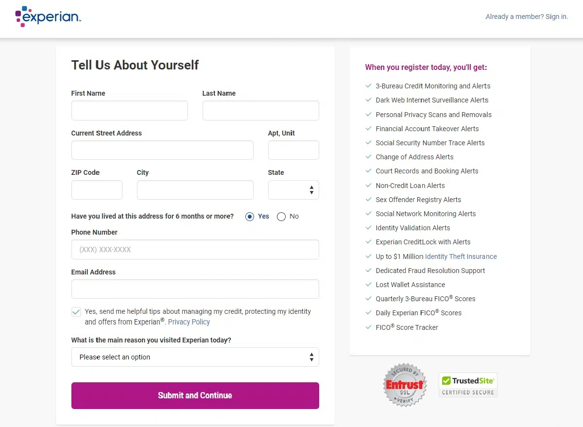 Experian IdentityWorks sign up process