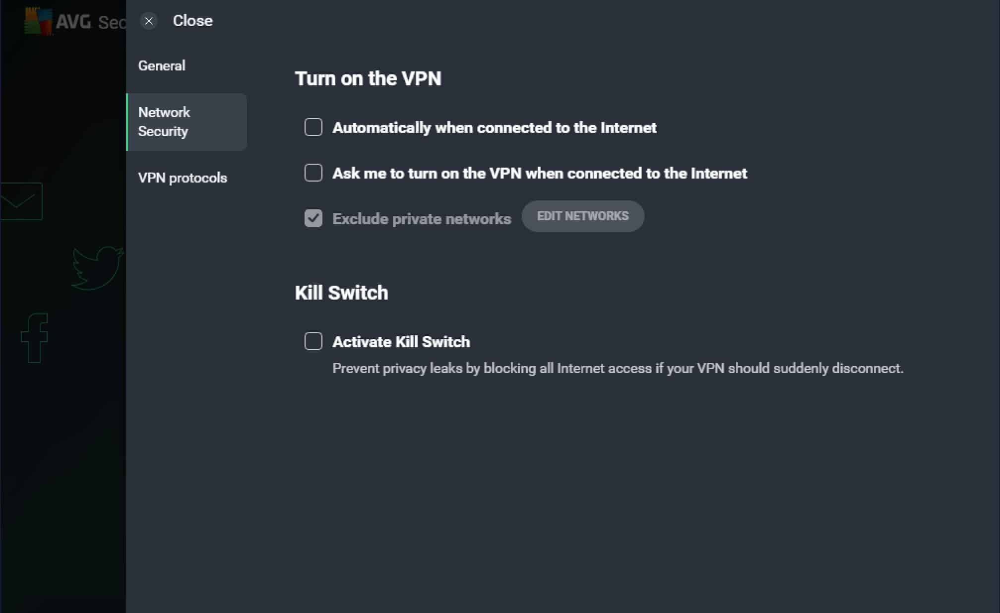 AVG VPN - Settings - Network Security