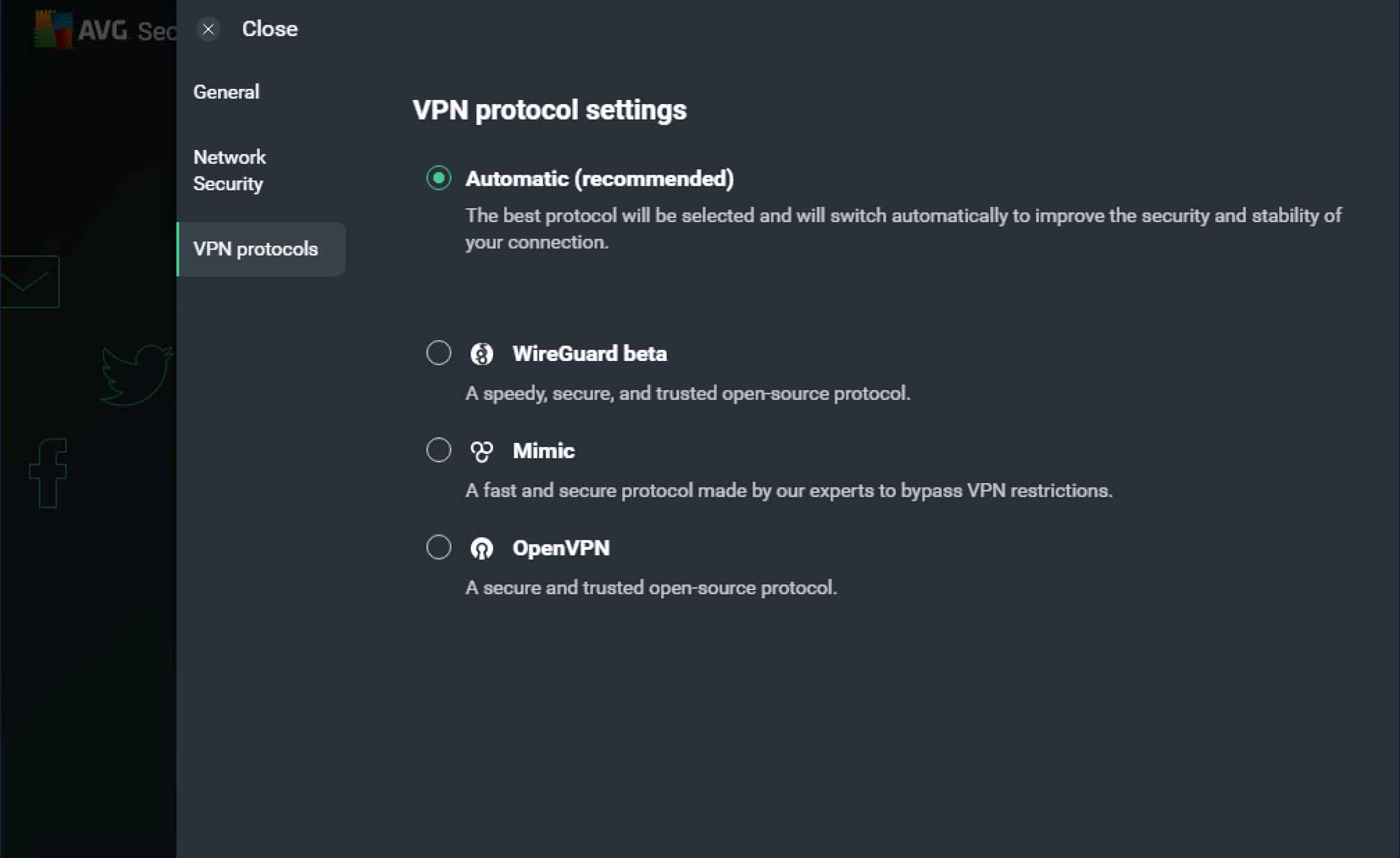 AVG VPN - Settings - VPN Protocols