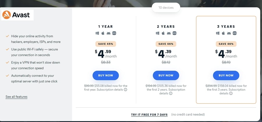 Avast VPN pricing