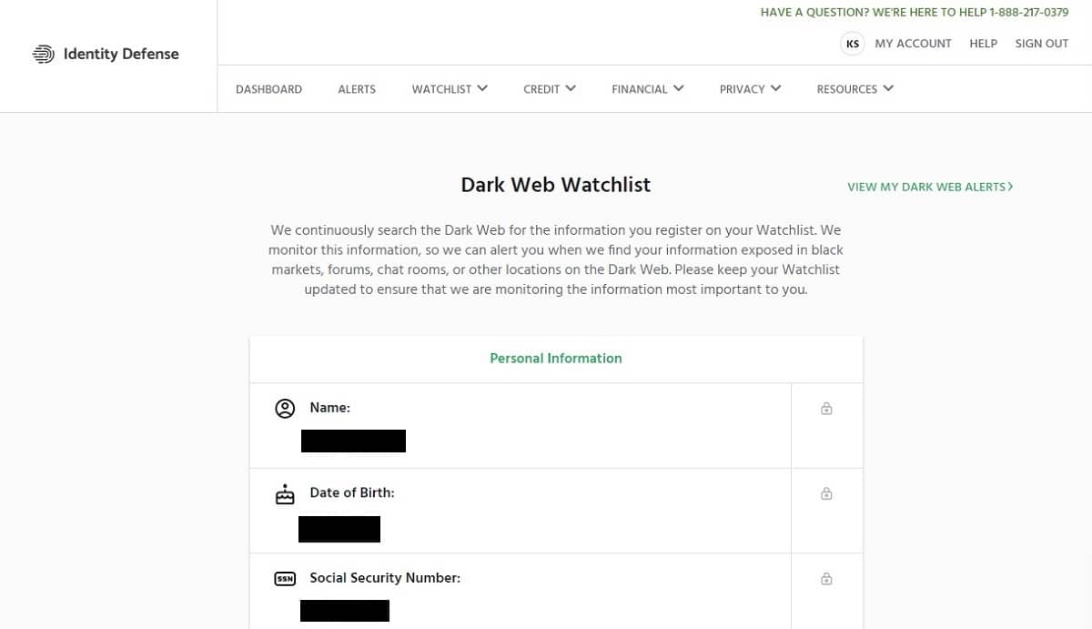 Identity Defense dark web monitoring