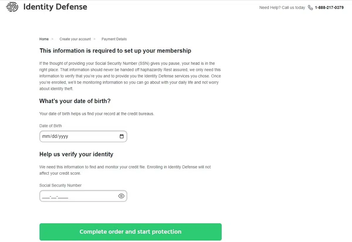 Identity Defense signup screen