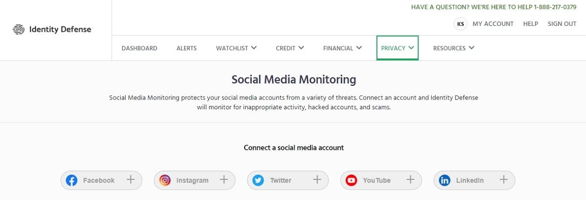 Identity Defense social media account monitoring