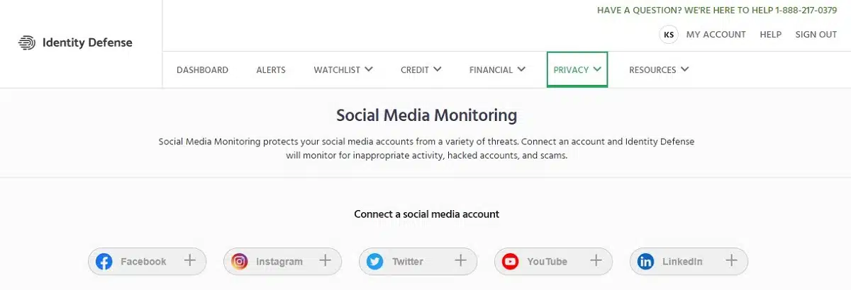 Identity Defense social media account monitoring