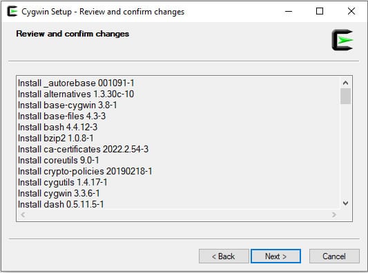 Cygwin Setup - Review and confirm changes