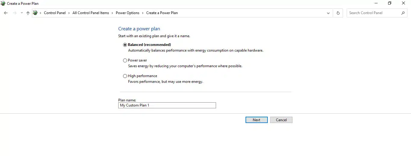 Windows power settings