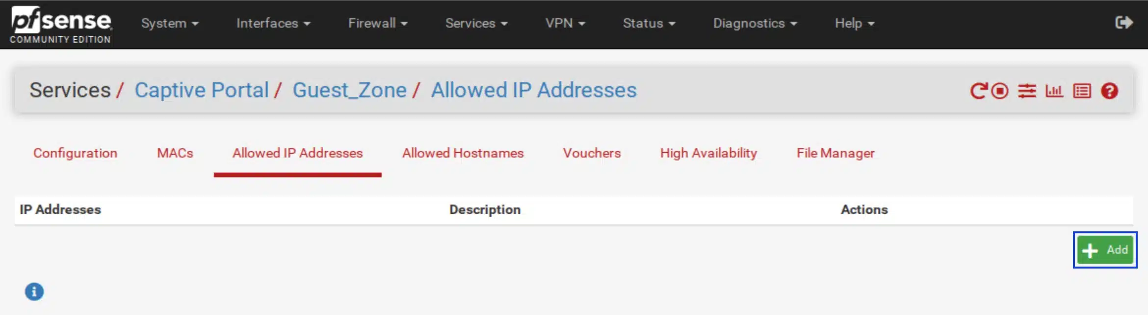 pfSense - Captive Portal - Allowed IPs Tab - Click Add