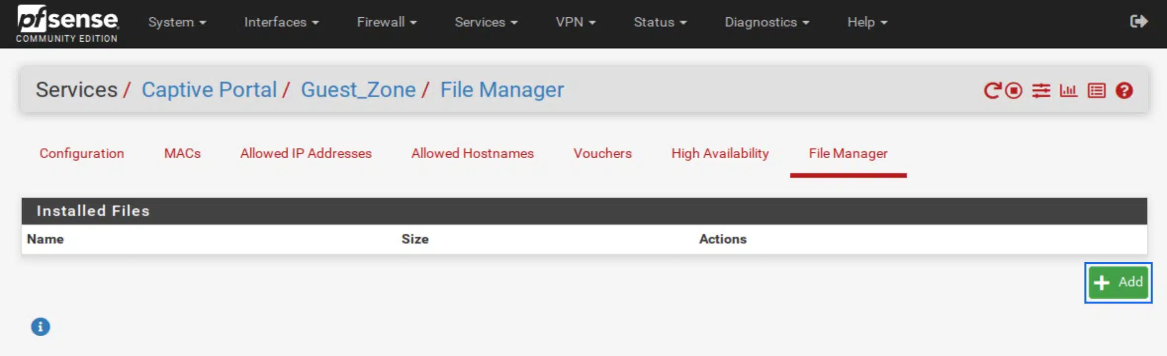 pfSense - Captive Portal - File Manager Tab - Click Add
