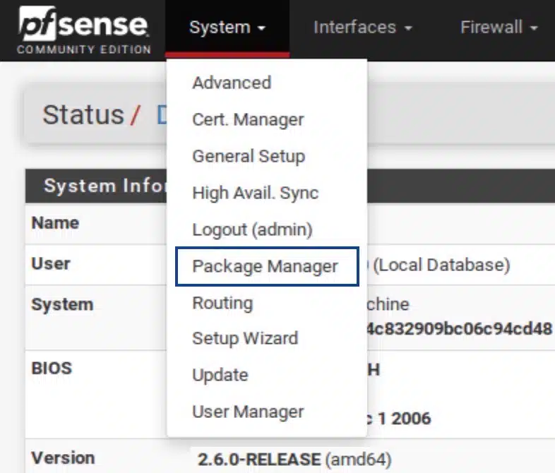 pfSense - CP - Go to Package Manager