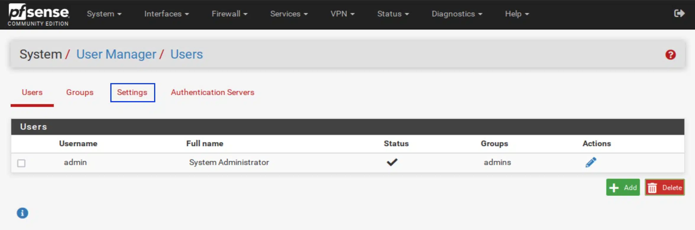 pfSense - CP - Go to User Manager - Settings Tab