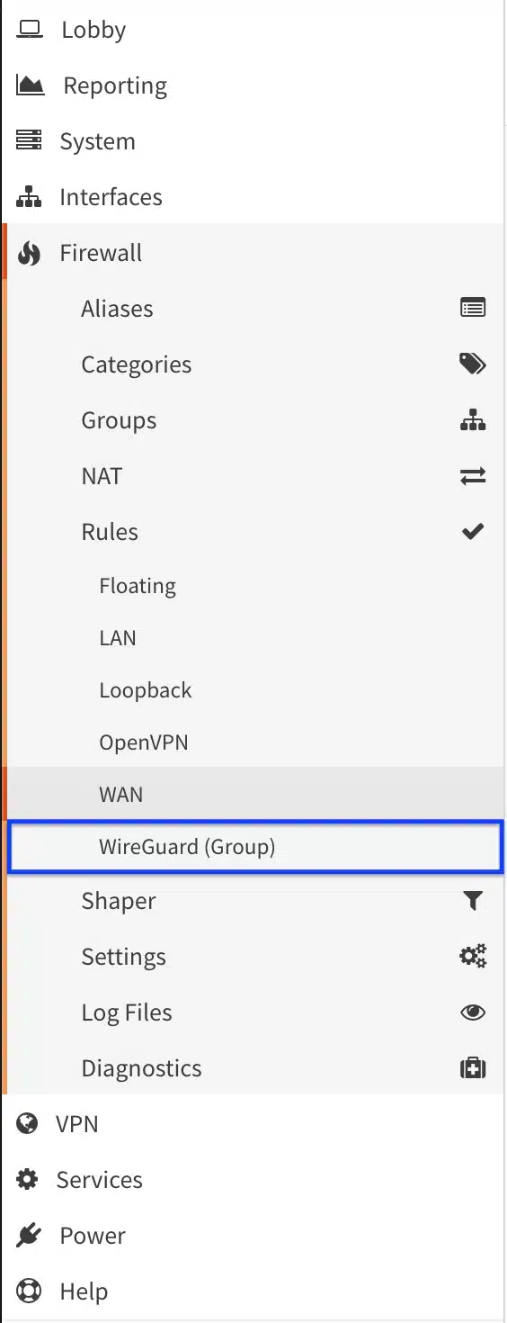 OPNsense - WireGuard Road Warrior - WireGuard (Group) Firewall Rules