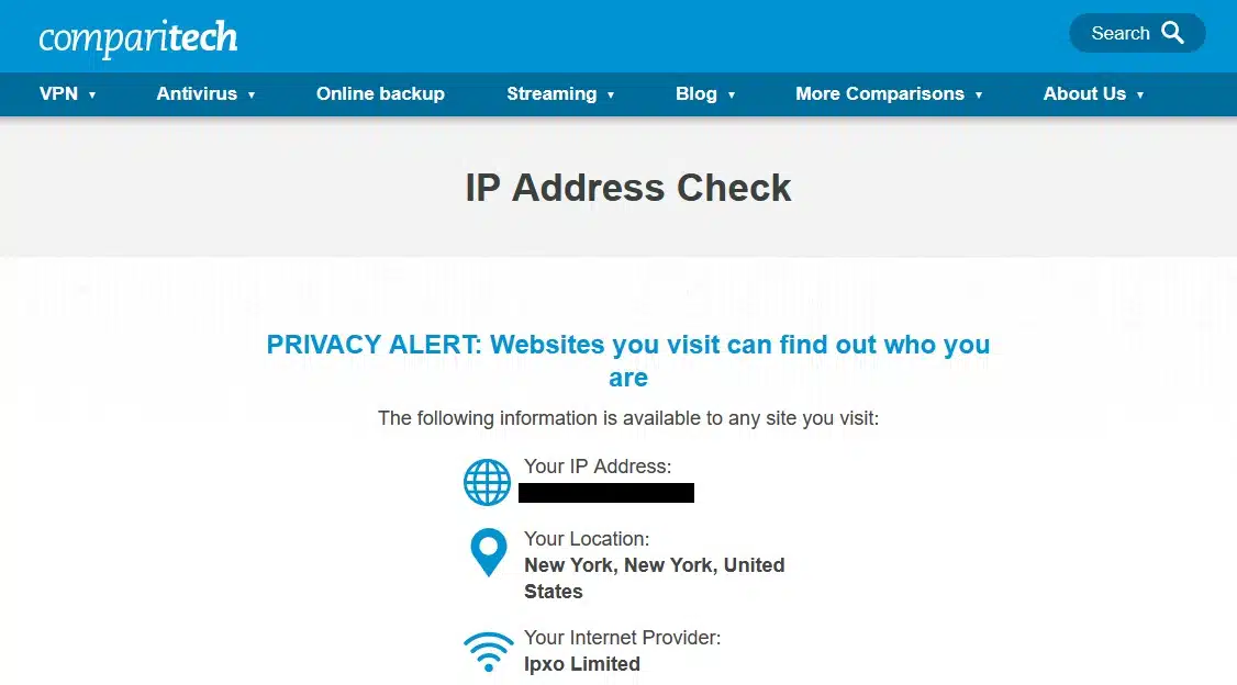 Screenshot of Comparitech's IP address checker in action