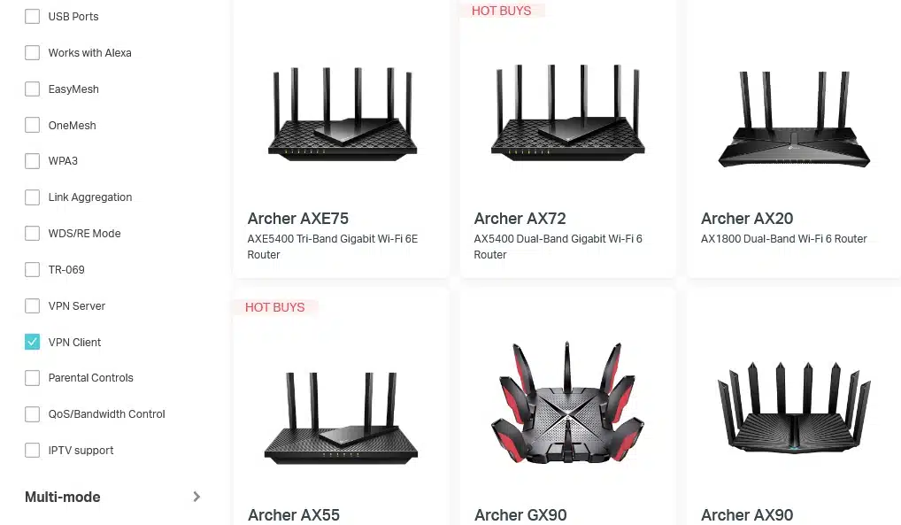 Screenshot of TP-Link's VPN-capable routers