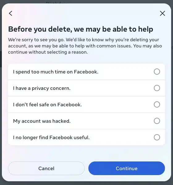 Facebook - Reason for Deletion