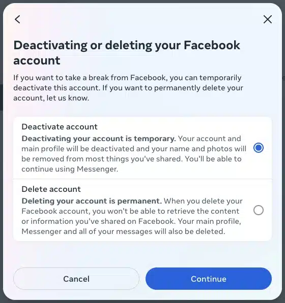 Facebook - Deactivate Account