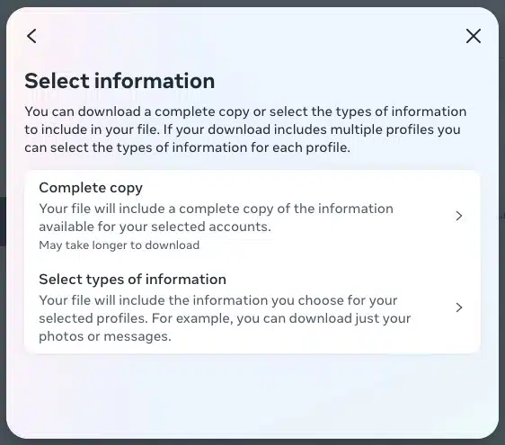 Facebook - Select Information to Download
