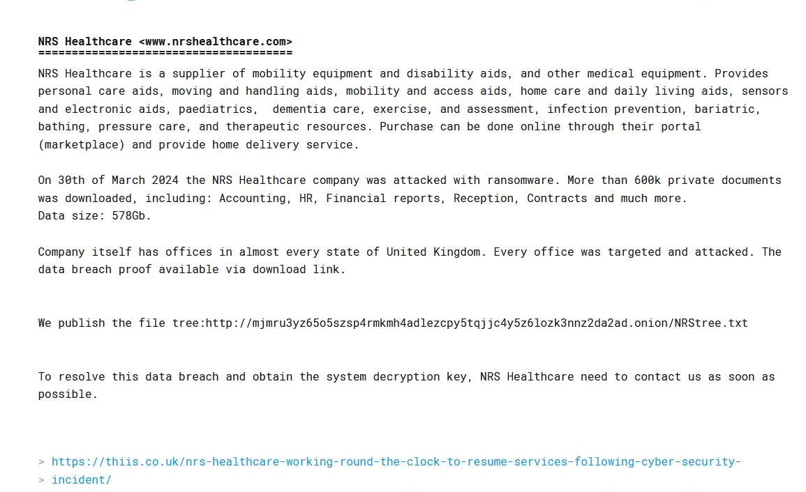 Ransomware attack RansomHub - NRS Healthcare